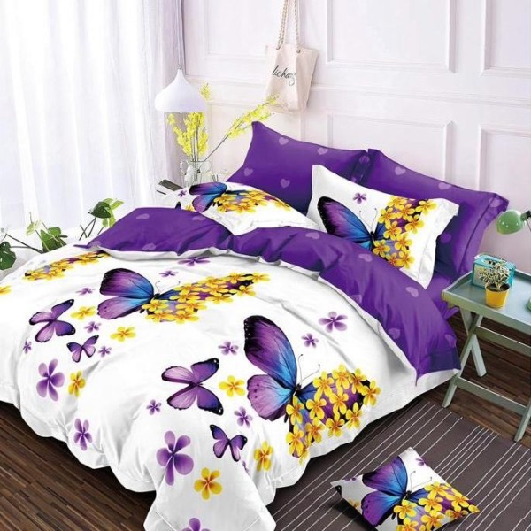 Lenjerie pat dublu (140x200cm, 160x200cm, 180x200cm), Finet Soft, cearsaf clasic, 4 piese, Mov, fluturi [1]