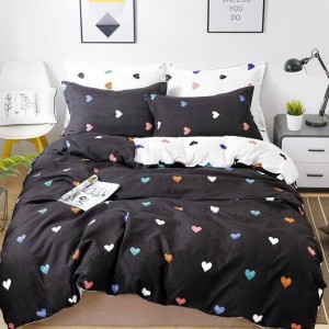 Lenjerie pat dublu (140x200cm, 160x200cm, 180x200cm), Finet Soft, cearsaf clasic, 4 piese, Negru, inimioare