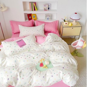 Lenjerie pat dublu (160x200cm, 180x200cm),  FINET, 6 piese, cu ELASTIC, Roz, buline