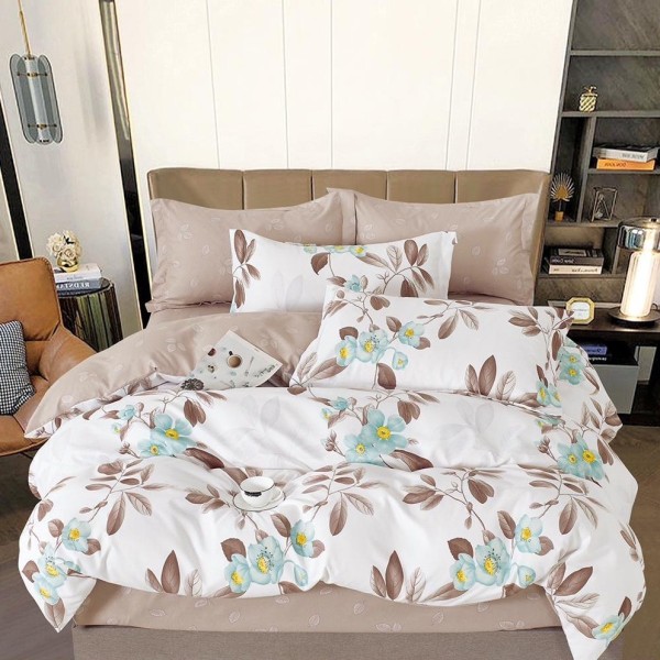 Lenjerie pat dublu (160x200cm, 180x200cm),  FINET, 6 piese, cu ELASTIC, Bej, flori [1]