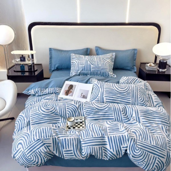 Lenjerie pat dublu (160x200cm, 180x200cm),  FINET, 6 piese, cu ELASTIC, Albastru, abstract [1]