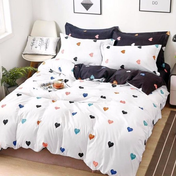 Lenjerie pat dublu (140x200cm, 160x200cm, 180x200cm), Finet Soft, cearsaf clasic, 4 piese, Alb, inimioare [1]