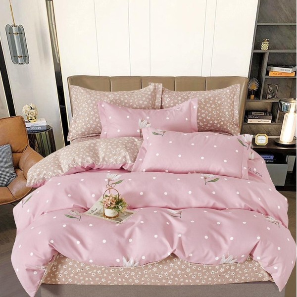 Lenjerie pat dublu (160x200cm, 180x200cm),  FINET, 6 piese, cu ELASTIC, Roz, magnolii, buline [1]