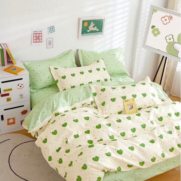 Lenjerie pat dublu (160x200cm, 180x200cm),  FINET, 6 piese, cu ELASTIC, Verde, inimioare, buline [1]