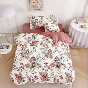 Lenjerie pat 140x200cm,  FINET, 4 piese, cu ELASTIC, Roz pudra, flori