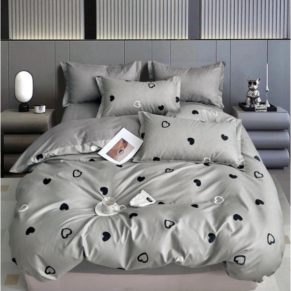 Lenjerie pat dublu (160x200cm, 180x200cm),  FINET, 6 piese, cu ELASTIC, Gri, inimioare [1]