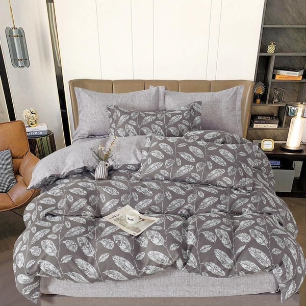 Lenjerie pat dublu (160x200cm, 180x200cm),  FINET, 6 piese, cu ELASTIC, Gri, frunze [1]