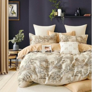 Lenjerie pat dublu (160x200cm, 180x200cm),  FINET, 6 piese, cu ELASTIC, Bej, flori, copaci