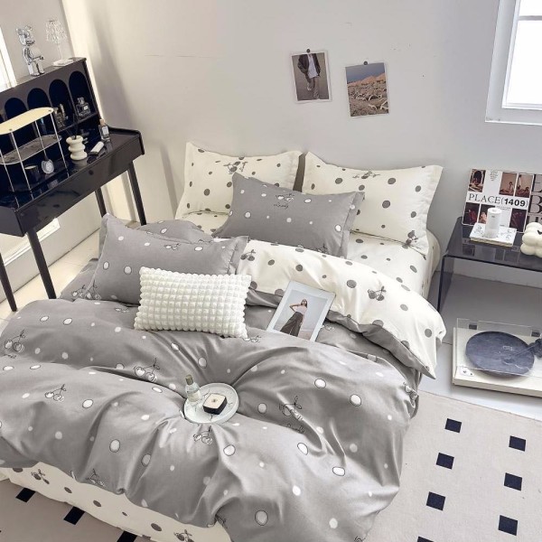 Lenjerie pat dublu (160x200cm, 180x200cm),  FINET, 6 piese, cu ELASTIC, Gri, buline [1]