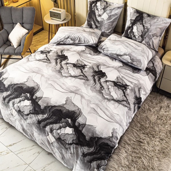 Lenjerie pat 140x200cm, 4 piese, cu ELASTIC,  Gri, model marmura [1]