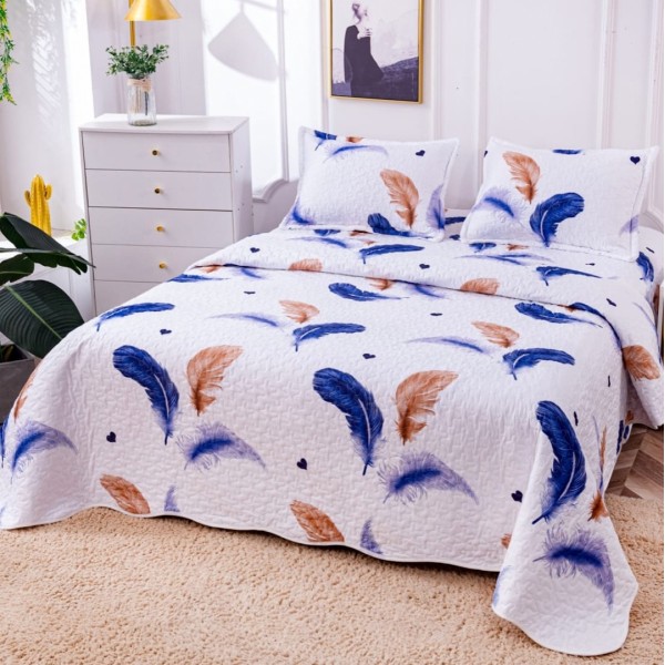 Cuvertura pat dublu din Bumbac Satinat Superior, 3 PIESE, Albastru, pene, inimioare [1]