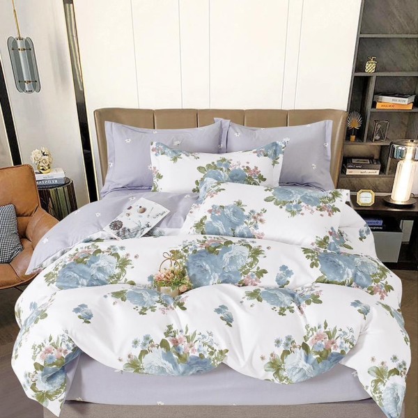 Lenjerie pat dublu (160x200cm, 180x200cm),  FINET, 6 piese, cu ELASTIC, Gri, flori [1]