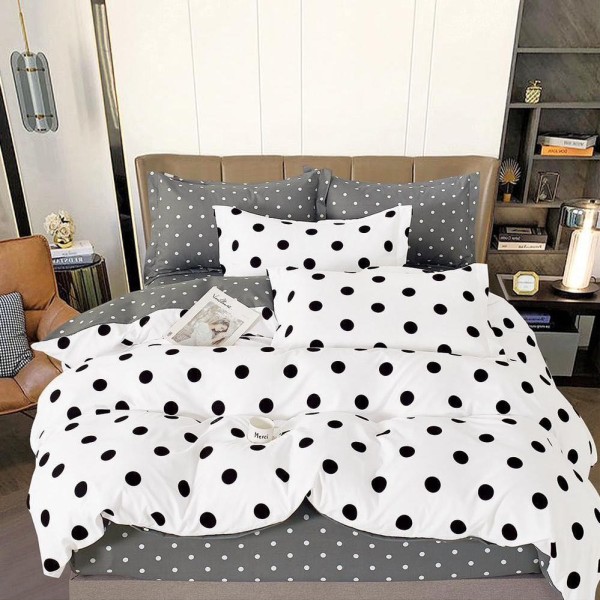 Lenjerie pat dublu (160x200cm, 180x200cm),  FINET, 6 piese, cu ELASTIC, Alb-Negru, buline [1]