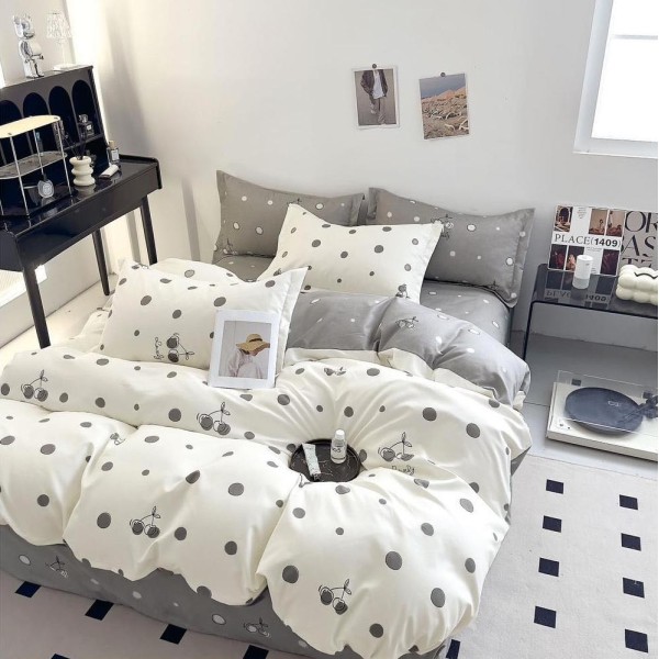 Lenjerie pat dublu (160x200cm, 180x200cm),  FINET, 6 piese, cu ELASTIC, Crem-Gri, buline [1]