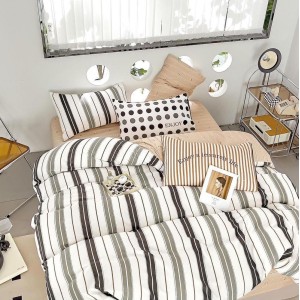 Lenjerie pat dublu cu ELASTIC, Finet, 6 piese, Bej, dungi