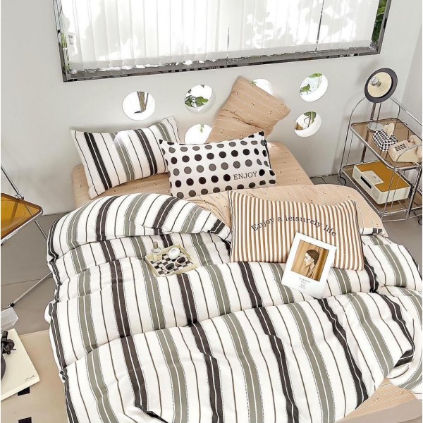 Lenjerie pat dublu (160x200cm, 180x200cm),  FINET, 6 piese, cu ELASTIC, Bej, dungi [1]