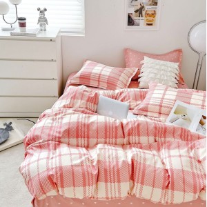 Lenjerie pat dublu (160x200cm, 180x200cm),  FINET, 6 piese, cu ELASTIC, Roz, carouri