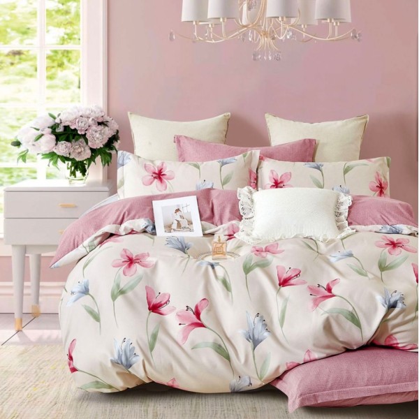 Lenjerie pat dublu (160x200cm, 180x200cm),  FINET, 6 piese, cu ELASTIC, Crem-Roz, flori [1]