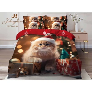 Lenjerie pat dublu,  FINET, Digital Print, Craciun, Bej, Roșu, pisicuta