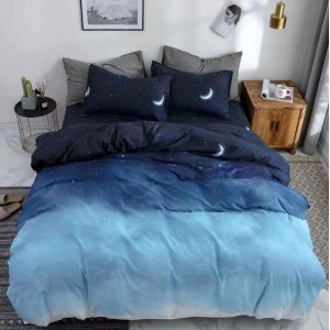 Lenjerie pat dublu (140x200cm, 160x200cm, 180x200cm), bumbac satinat, cearsaf clasic, 4 piese,  Albastru, stelute Lenjerie pat dublu (140x200cm, 160x200cm, 180x200cm), bumbac satinat, cearsaf clasic, 4 piese,  Albastru, stelute