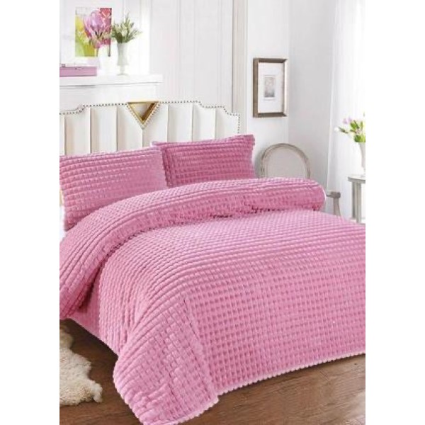 Lenjerie de Pat Dublu Premium Cocolino Teddy Bear, 4 Piese – Pluș Gofrat de Lux, Confort și Eleganță Suprema, Roz [1]
