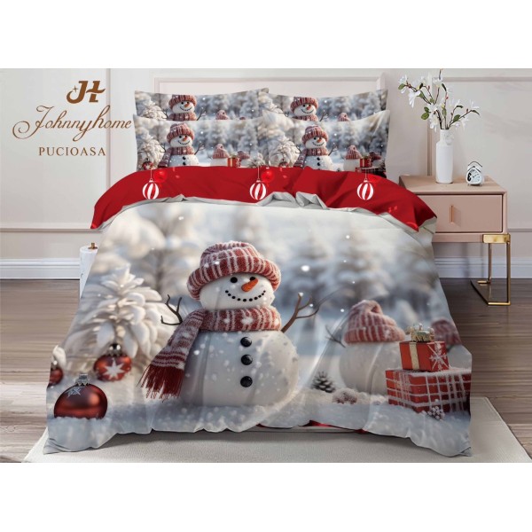 Lenjerie pat dublu,  FINET, Digital Print, Craciun, Gri, Multicolor, om de zapada [1]