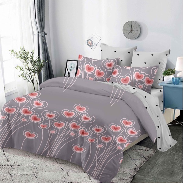 Lenjerie pat dublu,  FINET, cu elastic, 6 piese, Gri, inimioare [1]
