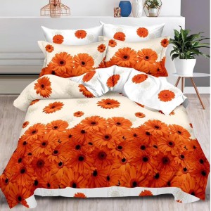 Lenjerie pat dublu (140x200cm, 160x200cm, 180x200cm),  FINET, 6 piese, Portocaliu, flori