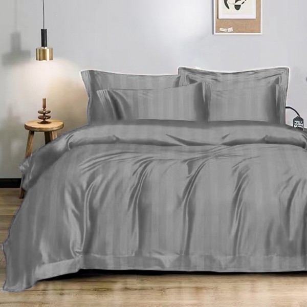 Lenjerie HoReCa DeLuxe, pat dublu, Damasc cu Dunga latã de 3cm, 6 piese, Gri mediu V2 [1]