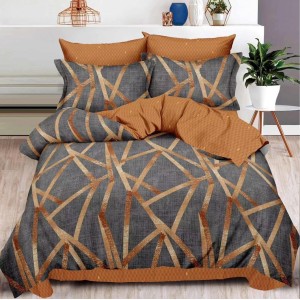 Lenjerie pat dublu cu ELASTIC, Finet, 6 piese, Maro, forme geometrice