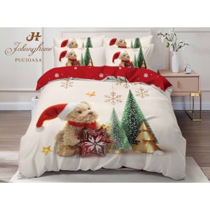 Lenjerie pat dublu,  FINET, Digital Print, Craciun, Crem, Multicolor, brăduți, ursulet Lenjerie pat dublu,  FINET, Digital Print, Craciun, Crem, Multicolor, brăduți, ursulet
