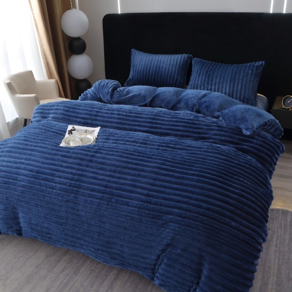 Lenjerie de Pat Dublu, 4 piese, Blăniță Artificială de Iepure Cocolino, Model Gofrat – Moale, Călduroasă și Elegantă pentru Nopți de Vis, Bleumarin [1]