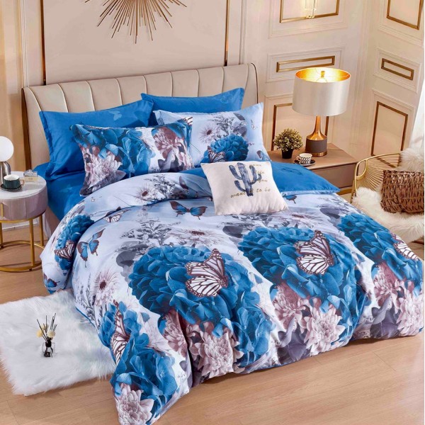 Lenjerie pat dublu,  FINET, 6 piese, cu ELASTIC, Jojo Home, Albastru, flori, fluturi [1]