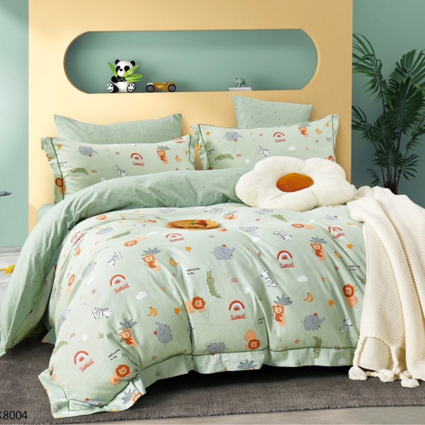 Lenjerie pat Single, BUMBAC 100% Percal, cu 2 Fețe, 4 piese, Verde Menta, Animale Salbatice [1]