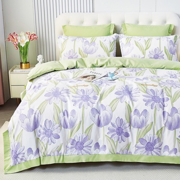 Lenjerie de Pat Dublu, Super Premium,  Finet Ranforsat, 6 Piese, Ambalat în Cutie de Lux, Alb, Vernil, Mov, flori [1]