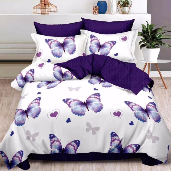 Lenjerie pat dublu (160x200cm, 180x200cm),  FINET, 6 piese, cu ELASTIC, Mov, fluturi, inimioare [1]