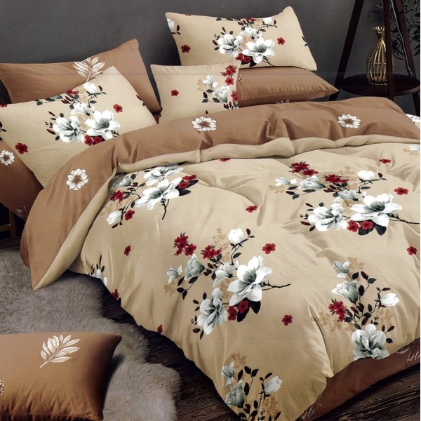 Lenjerie pat dublu,  FINET, 6 piese, Bej, flori [1]