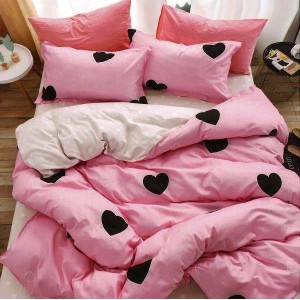 Lenjerie pat dublu (140x200cm, 160x200cm, 180x200cm),  FINET, 6 piese, Roz, inimioare