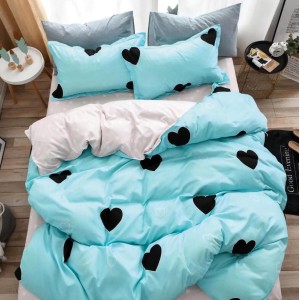 Lenjerie pat dublu, Finet, 6 piese, Bleu, inimioare