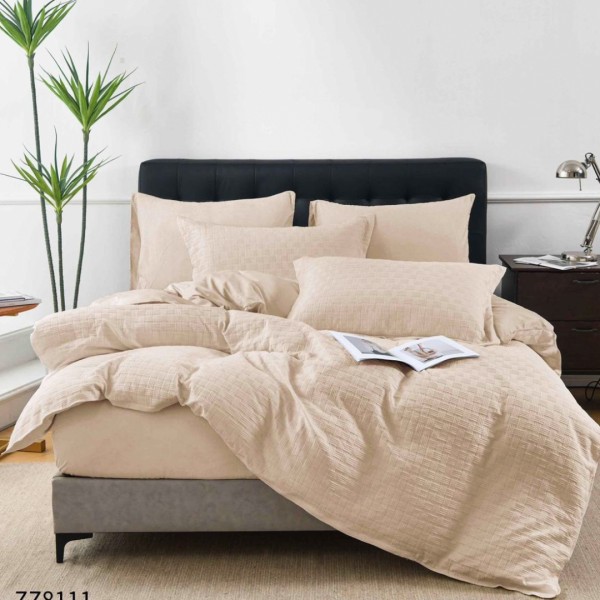 Lenjerie de Pat Dublu din Bumbac Tricotat - Set Premium 4 Piese cu Cearșaf Elastic și Imprimeu Satinat pentru Confort și Eleganță, Cappuccino [1]
