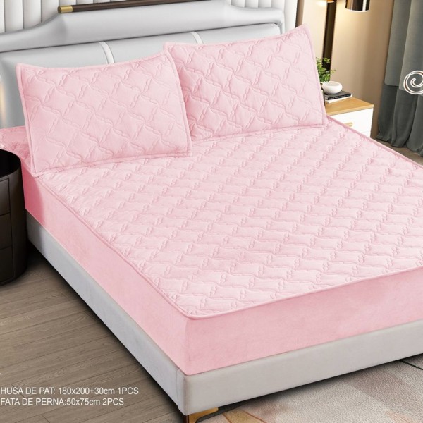 Husă Matlasată Tip Topper din Catifea 180x200cm, cu 2 Fețe de Pernă 50x70cm -  Somn Odihnitor și Susținere pentru Spate, Roz [1]