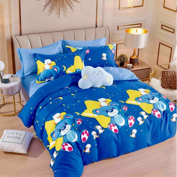 Lenjerie pat dublu,  FINET, 6 piese, Jojo Home, Albastru, stelute, ursuleti [1]