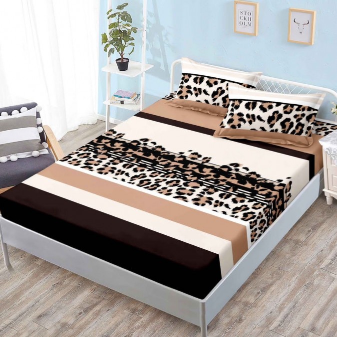 Cearsaf cu elastic Bumbac FINET 160x200cm 2 fete de perne 50x70cm Maro animal print