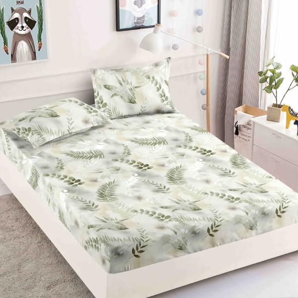Cearsaf cu elastic, Bumbac FINET, 160/180x200cm, 2 fete de perne 50x70cm, Jojo Home, Verde, frunze [1]
