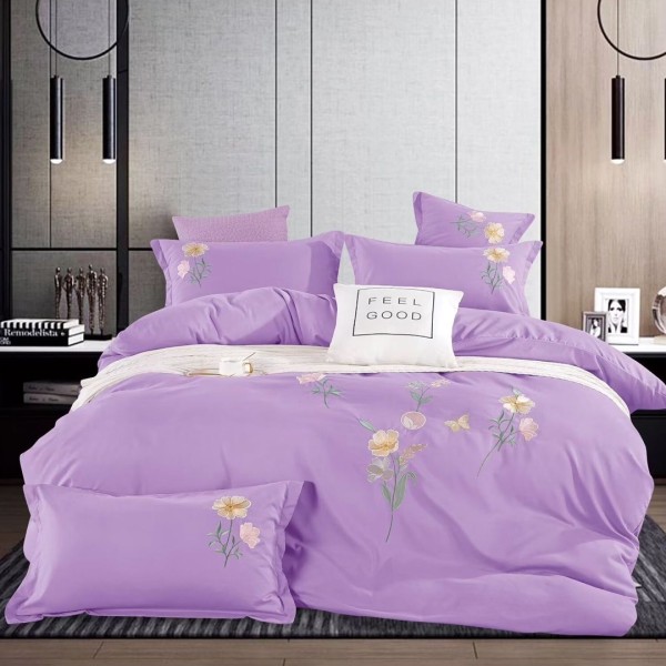 Lenjerie de Pat Dublu cu Elastic, Bumbac Satinat Deluxe, 4 Piese, Lila - Moale, Rezistentă, Ușor de Întreținut [1]