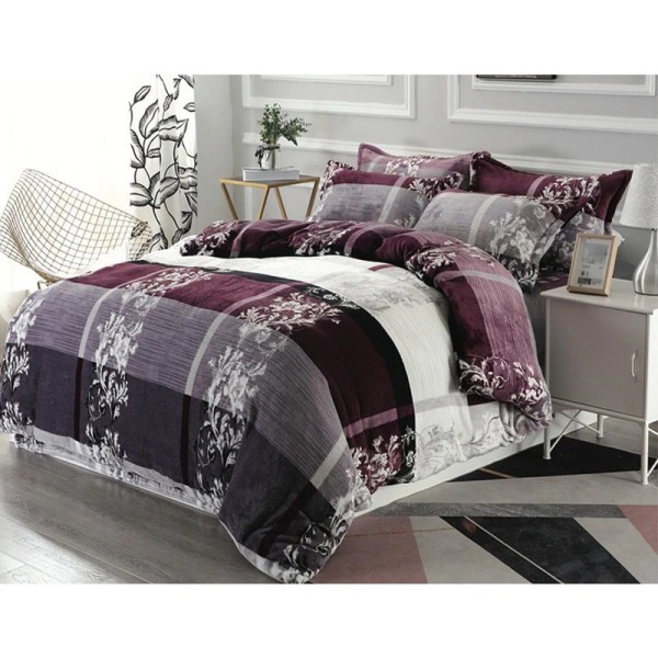 Lenjerie pentru Pat Dublu, Cocolino Premium, 4 Piese – Plușată, Groasă, și Călduroasă, Ideală pentru Iarnă –  Confort Maxim, Antișifonare, Mov, Gri, flori, patrate [1]