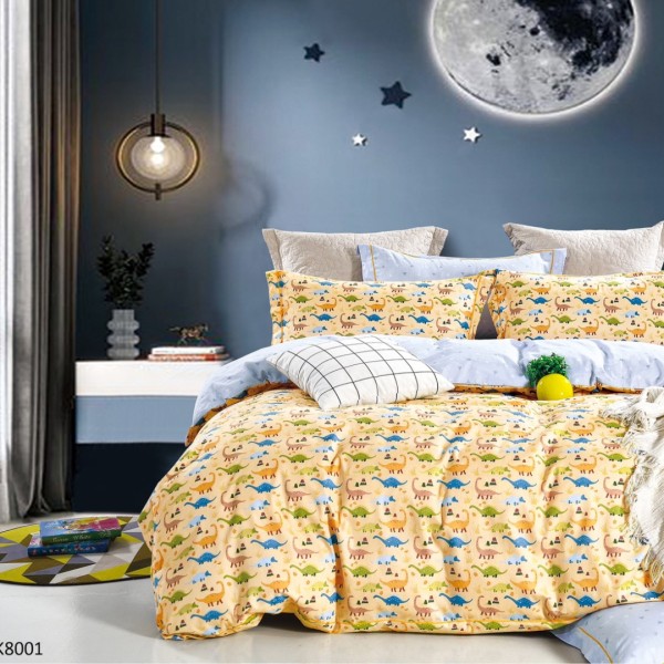 Lenjerie pat Single, BUMBAC 100% Percal, cu 2 Fețe, 4 piese, Galben, Gri, Dinozauri [1]