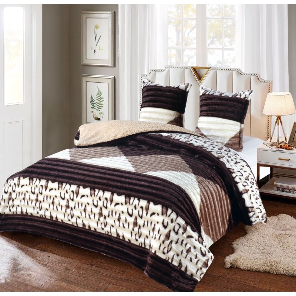 Pilota CoCoLiNo Frizzy cu blanita, matlasata, 200x230cm, cu fete de perna 60x60cm, Crem, Maro, forme geometrice, animal print [1]