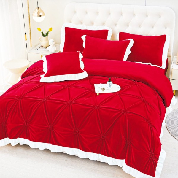 Lenjerie de pat Luxury Catifea Cocolino, cu pliuri brodate si volanase, rosu [1]