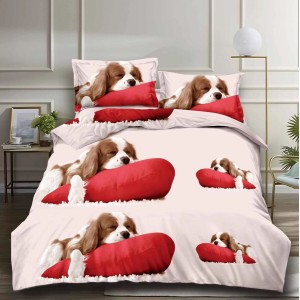 Lenjerie pat dublu (140x200cm, 160x200cm, 180x200cm), cearsaf clasic, imprimeu 3D, Bej-Rosu, catei Lenjerie pat dublu (140x200cm, 160x200cm, 180x200cm), cearsaf clasic, imprimeu 3D, Bej-Rosu, catei